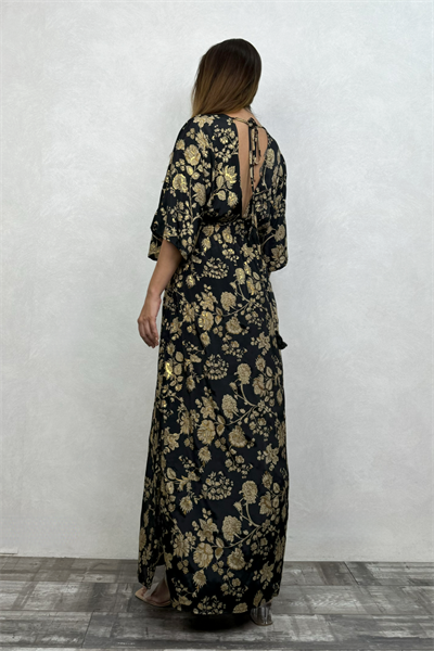 Rachel V Yaka İpek Elbise - Siyah Gold