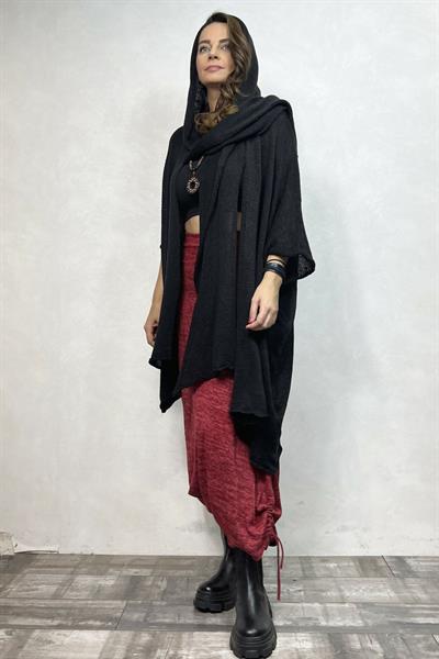 Şallı Kapşonlu Triko Hırka - Siyah