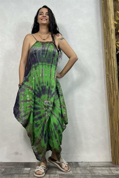 Şalvar Etekli Batik Elbise - Yeşil