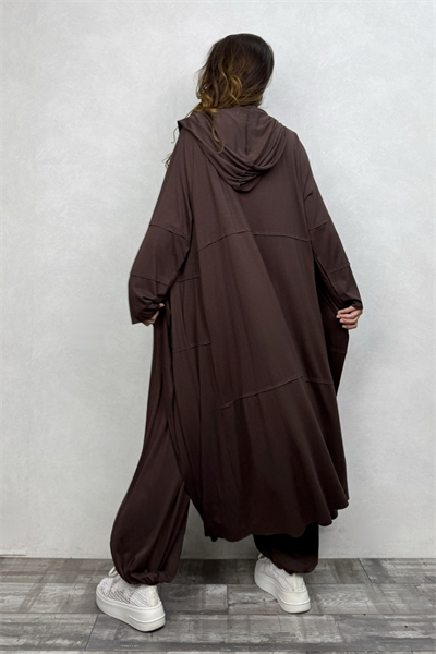 Sasha Kapşonlu Patch Uzun Kaftan  - Kahverengi