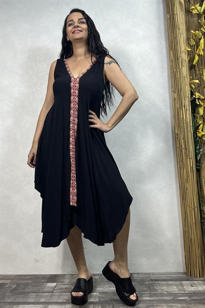 Şerit Detaylı Asimetrik Elbise- Siyah