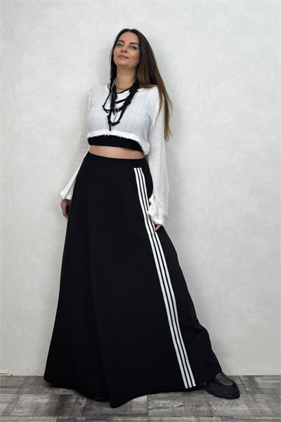 Şerit Detaylı Maxi Etek - Siyah