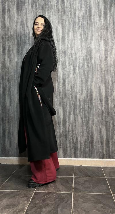 Şerit Detaylı Uzun Polar Siyah