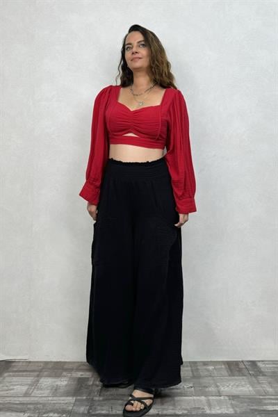 Seul Balon Kol Müslin Crop Bluz Barbados Cherry  - Vişne