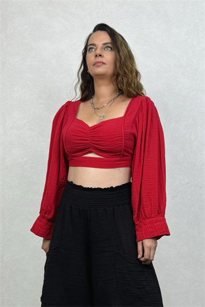 Seul Balon Kol Müslin Crop Bluz Barbados Cherry  - Vişne