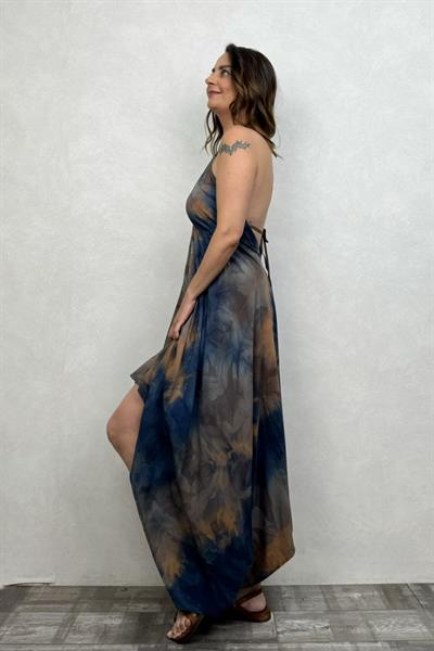 Sırt Dekolteli Batik Elbise - Lacivert