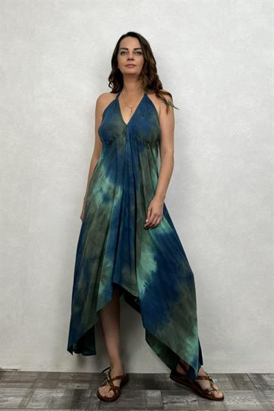Sırt Dekolteli Batik Elbise - Petrol