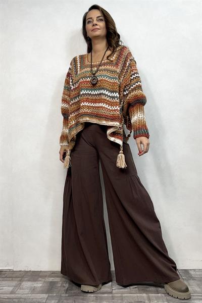 Uzun Kollu Tasarım Panço Hırka - Kahve Batik