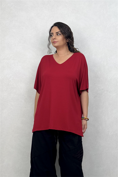 V Yaka Kısa Kollu Salaş Bluz - Bordo