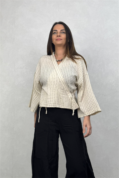 Verona Desenli Müslin Kimono - Bej
