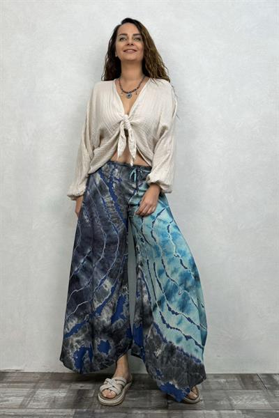 Yırtmaçlı Batik Pantolon - İndigo Mavi