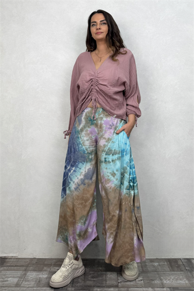 Yırtmaçlı Batik Pantolon - Mavi Lila
