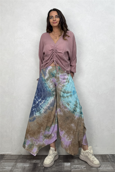 Yırtmaçlı Batik Pantolon - Mavi Lila