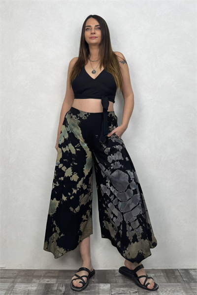 Yırtmaçlı Batik Pantolon - Siyah Gri