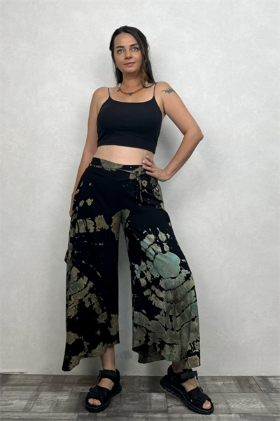 Yırtmaçlı Batik Pantolon - Siyah Yeşil