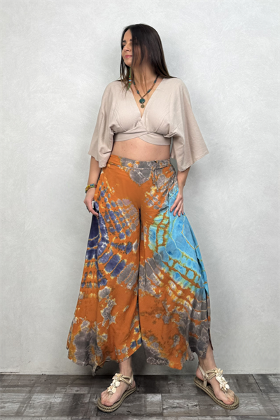 Yırtmaçlı Batik Pantolon - Turuncu