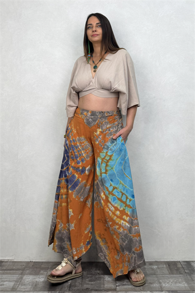 Yırtmaçlı Batik Pantolon - Turuncu