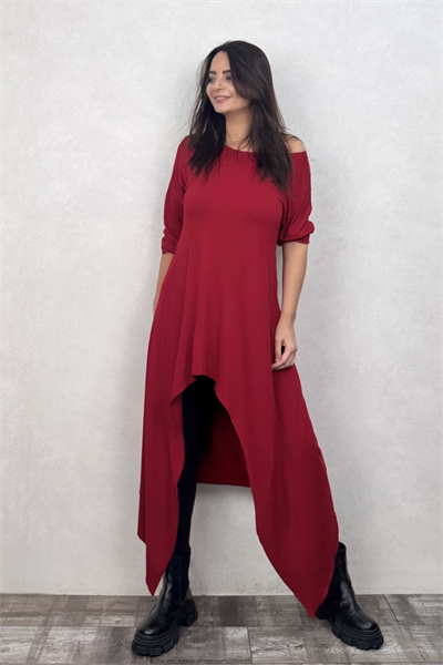 Asimetrik Maxi Uzun Tunik Elbise - Bordo