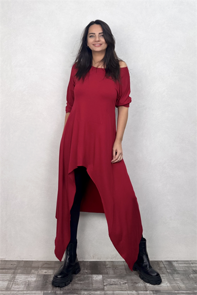 Asimetrik Maxi Uzun Tunik Elbise - Bordo