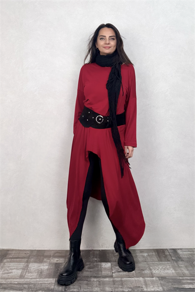 Asimetrik Maxi Uzun Tunik Elbise - Bordo