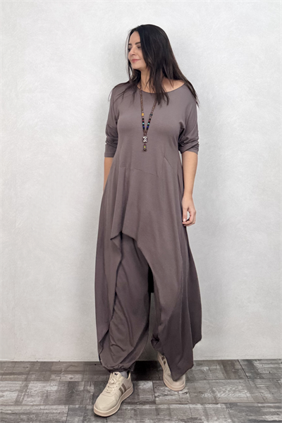 Asimetrik Maxi Uzun Tunik Elbise - Vizon