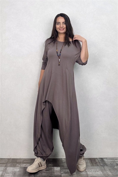 Asimetrik Maxi Uzun Tunik Elbise - Vizon