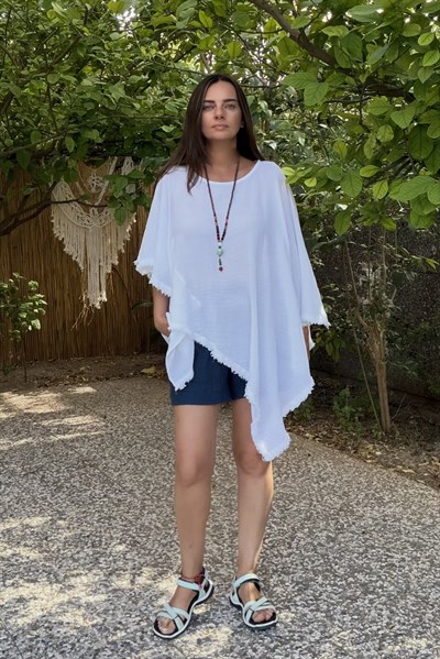 Blanca Çakıl Panço Bluz - Beyaz