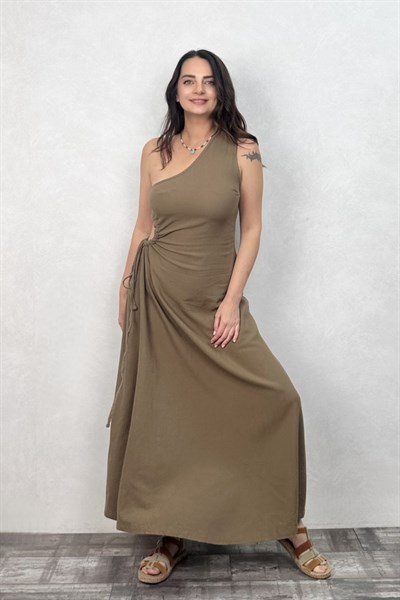Blanca Diana Tek Omuz Elbise - Neutral Brown Doğal Kahve