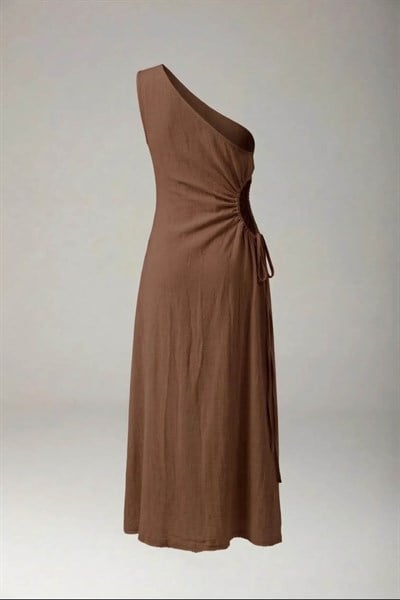 Blanca Diana Tek Omuz Elbise - Neutral Brown Doğal Kahve