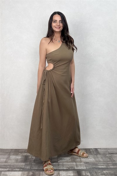 Blanca Diana Tek Omuz Elbise - Neutral Brown Doğal Kahve