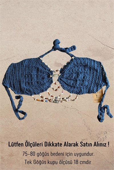Boho Tasarım Boncuklu Crop -Lacivert