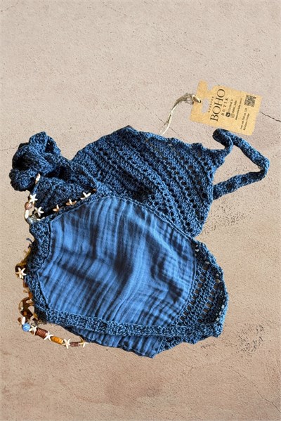 Boho Tasarım Boncuklu Crop -Lacivert