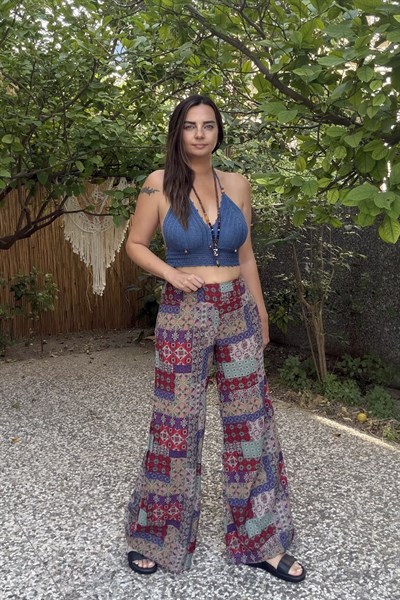 Boncuk Detaylı Hand Made Crop -Mavi 