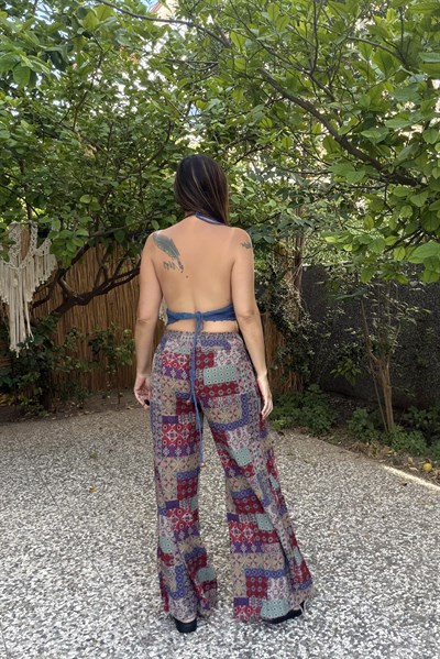 Boncuk Detaylı Hand Made Crop -Mavi 