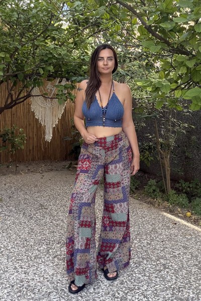 Boncuk Detaylı Hand Made Crop -Mavi 