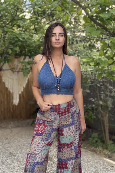 Boncuk Detaylı Hand Made Crop -Mavi 