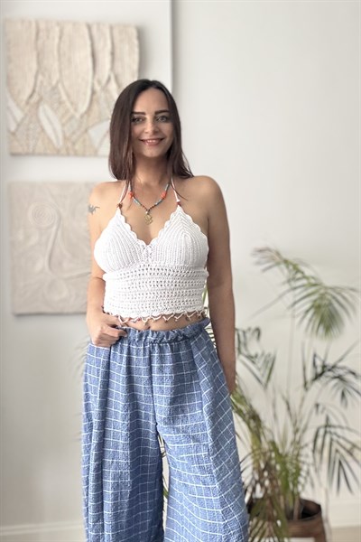 Boncuk Detaylı Hand Made Tasarım Bluz - Beyaz