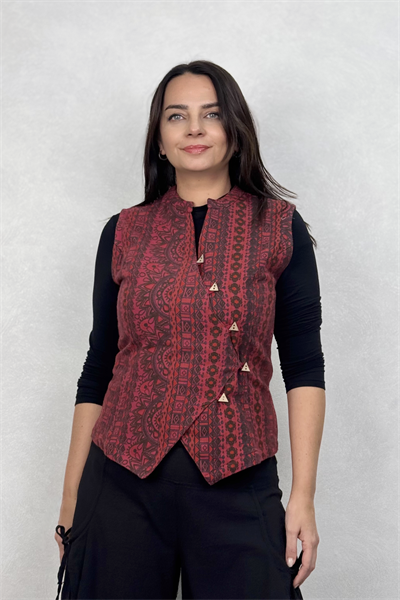 Çapraz Düğmeli Etnik Yelek - Bordo