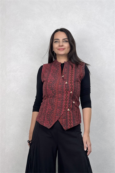 Çapraz Düğmeli Etnik Yelek - Bordo