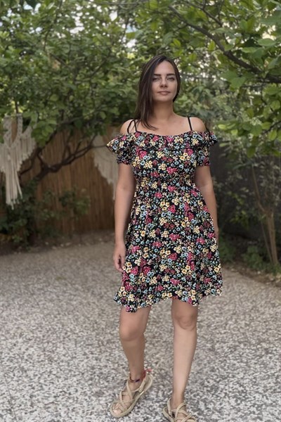 Çıtır Çiçek Mini Elbise -Siyah