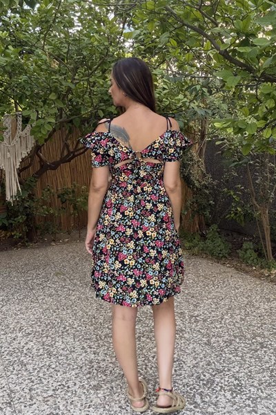 Çıtır Çiçek Mini Elbise -Siyah