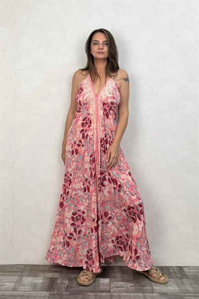 Dalia İpek Elbise -Pink Flor