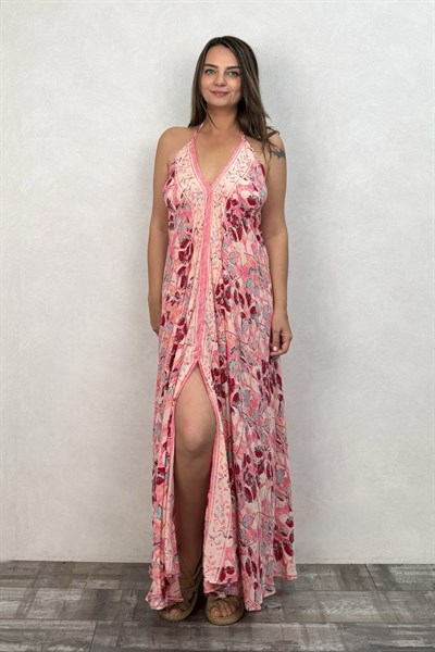 Dalia İpek Elbise -Pink Flor