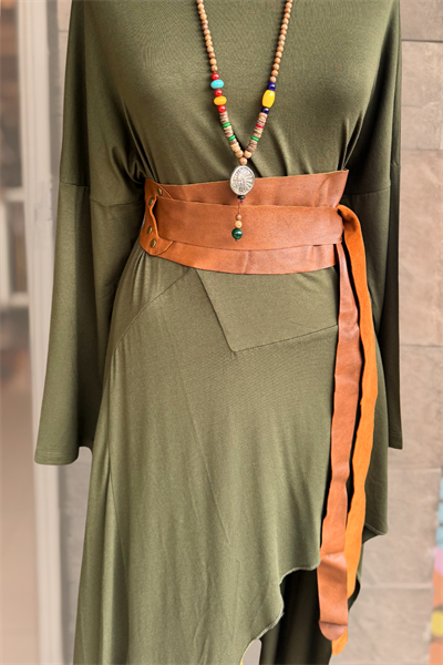 Dolamalı Perçinli Vintage Deri Kemer - Taba
