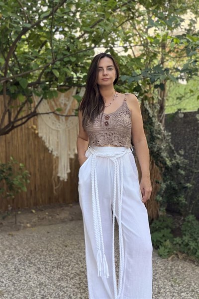 Düğme Detaylı Crop Bluz -Sütlü Kahve