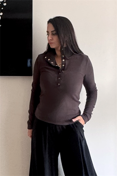 Düğmeli Dik Yaka Triko - Kahve