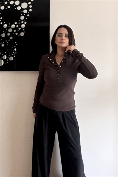 Düğmeli Dik Yaka Triko - Kahve