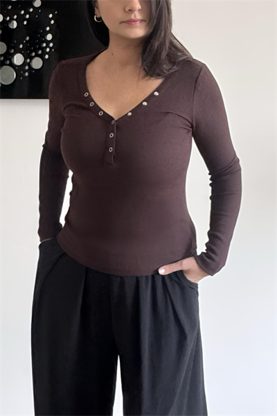 Düğmeli Fit Bluz - Kahve
