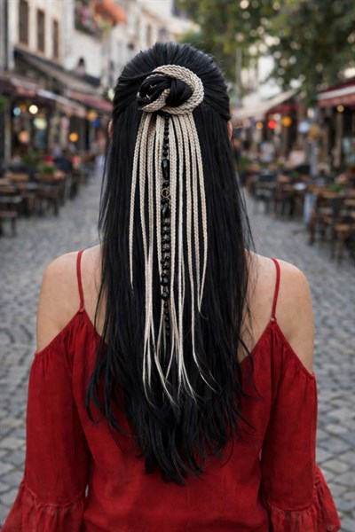 El Yapımı Afro Boncuklu Saç Tokası - Gri Siyah