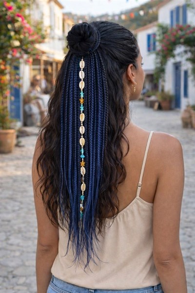 El Yapımı Afro Boncuklu Saç Tokası - Mavi Siyah 2